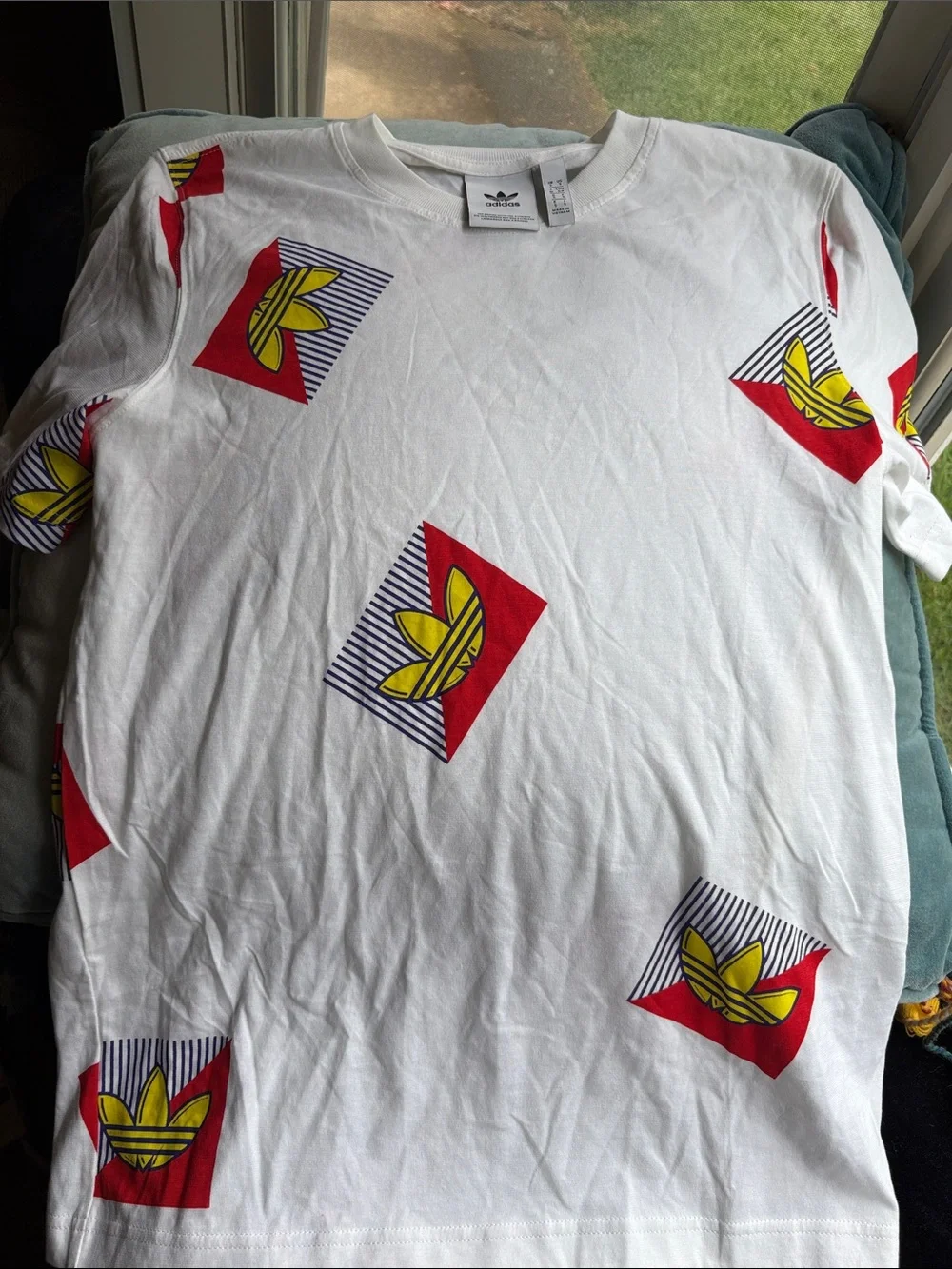 adidas White Short Sleeve Tee with Red and Yellow Trefoil Print NWOT